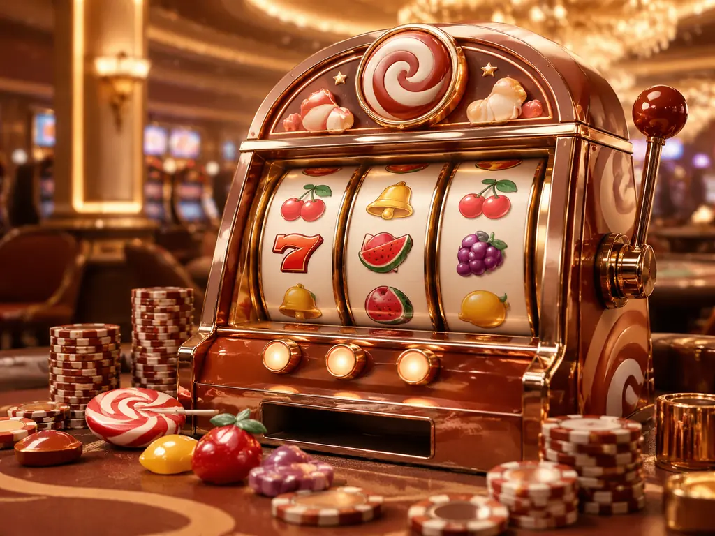 Ilustrasi mesin slot bertema permen dan buah