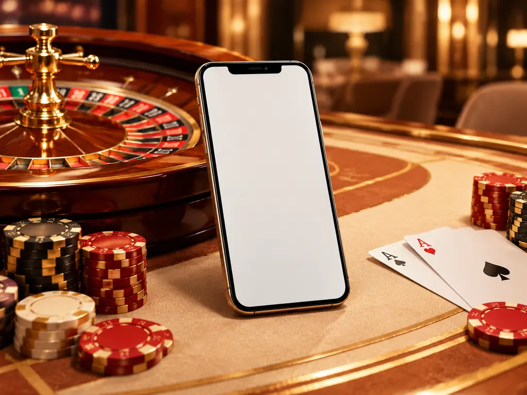 Ponsel di samping roda roulette dan perlengkapan kasino